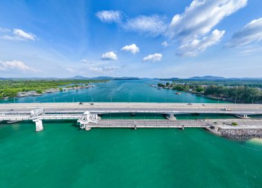 Aerial view of Sarasin bridge road transportation background concept The bridge is a between Phang Nga and Phuket island Thailand The bridge is the most important in making business and transportation clipart