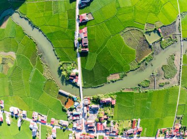 Bac Son Vadisi, Lang Oğlu, Kuzey Vietnam 'da pirinç tarlaları, yukarıdan bakıldığında inanılmaz manzara.