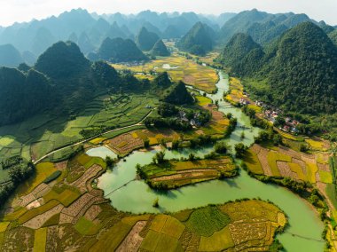 Kuzey Vietnam 'daki Trung Khanh, Cao Bang vilayetindeki Phong Nam köyünde pirinç tarlasıyla hava manzaralı bir manzara.