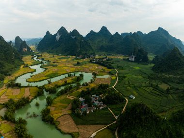 Kuzey Vietnam 'daki Trung Khanh, Cao Bang vilayetindeki Phong Nam köyünde pirinç tarlasıyla hava manzaralı bir manzara.