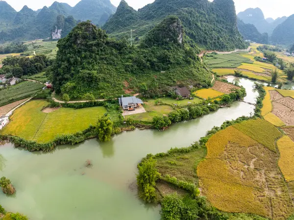 Kuzey Vietnam 'daki Trung Khanh, Cao Bang vilayetindeki Phong Nam köyünde pirinç tarlasıyla hava manzaralı bir manzara.
