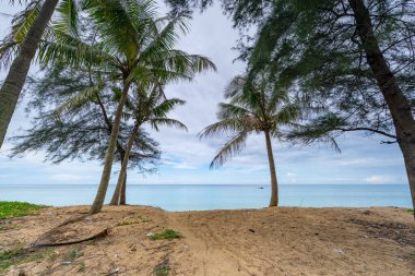 Güneşli bir günde güzel kumlu sahil ve deniz, güzel bir günde mavi gökyüzü, deniz bölgesi doğa arka planı.