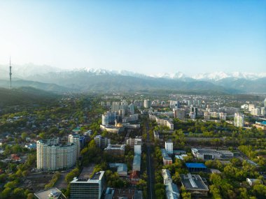 Güneşli bir bahar günü, arka planda karlı dağlarla birlikte televizyon kulesiyle Almaty şehrinin havadan görünüşü