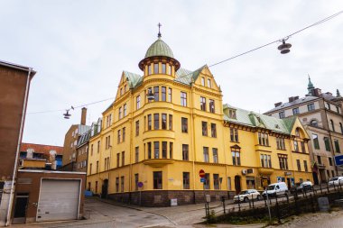 Karlskrona, İsveç - 25 Eylül 2019: Sonbaharda Karlskrona şehir merkezi manzarası