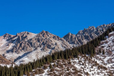 Kırgızistan 'daki Ala-Archa Doğa Parkı' nda kış boyunca karla kaplı dağlar ve köknar ağaçları