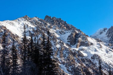 Kırgızistan 'daki Ala-Archa Doğa Parkı' nda kış boyunca karla kaplı dağlar ve köknar ağaçları