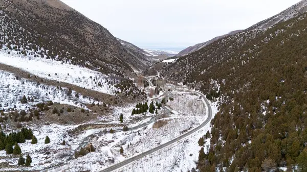 stock image Aerial view of snow capped mountains and fir trees in the Ala-Archa Nature Park in Kyrgyzstan during winter