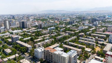 Bişkek, Kırgızistan - 30 Temmuz 2024: Konut alanları, ticari binalar ve yeşillik ile Bişkek şehrinin panoramik hava manzarası