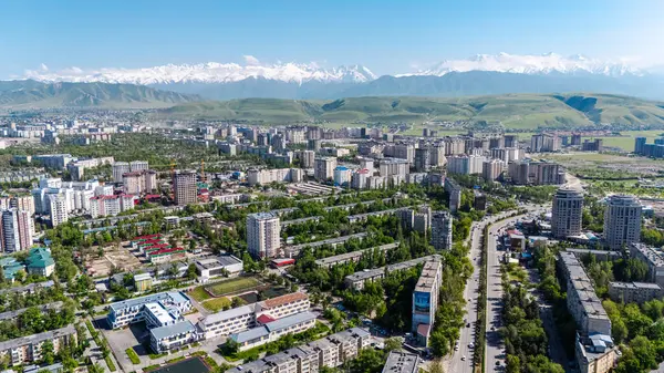 Baharda Bişkek şehrinin hava manzarası, yemyeşil, kentsel binalar ve açık mavi gökyüzünün altında karlı dağlar
