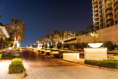 Gece Dubai Marina Yürüyüşü. Küresel kafeler, gıda mağazaları ve restoranlarla benekli yedi kilometre palmiye kaplı sahil yolu..