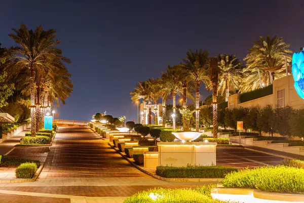 Dubai, Birleşik Arap Emirlikleri - 12 Ekim 2023: Dubai Marina Walk, gece. Küresel kafeler, gıda mağazaları ve restoranlarla benekli yedi kilometre palmiye kaplı sahil yolu..