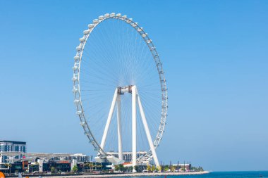 Dubai, Birleşik Arap Emirlikleri - 21 Haziran 2023: Dubai 'deki Bluewater Adası ve Marina' daki JBR plajından görülen Ain Dubai dönme dolabı. Şimdiye kadar yapılmış en uzun dev gözlem çarkı.