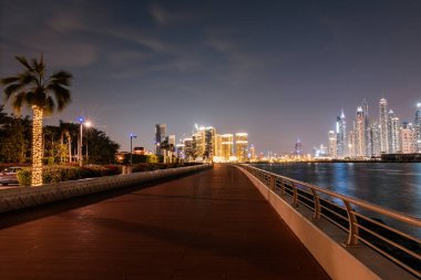 Palm Jumeirah Boardwalk ve Marina 'nın gece manzarası, aydınlık yollar, gökdelenler ve palmiye ağaçları