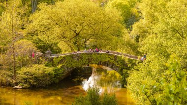 New York, ABD - 13 Mayıs 2022: Central Park 'taki köprüden geçen turistler