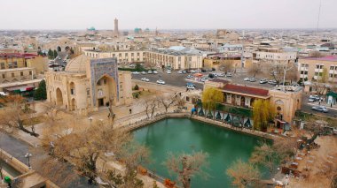 Buhara 'daki Lyabi-Khauz gölünün havadan görünüşü Özbekistan