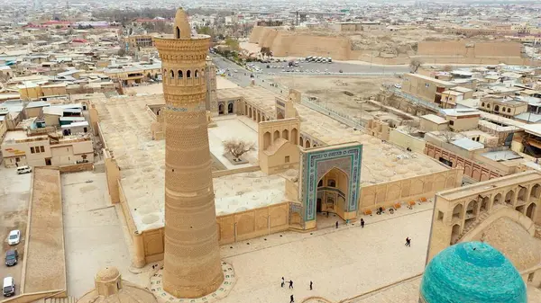 stock image Aerial view of Kalan Mosque in Bukhara city of Uzbekistan with Ark of Bukhara in the background