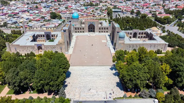 stock image Aerial view of Registan Square in Samarkand Uzbekistan with city buildings in the background