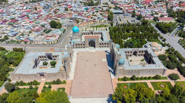 stock image Aerial view of Registan Square in Samarkand Uzbekistan with city buildings in the background