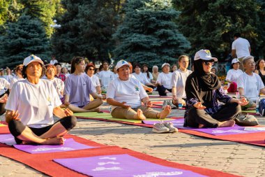 Bishkek, Kırgızistan - 18 Haziran 2022: Uluslararası yoga günü boyunca meydanda yoga yapan bir grup insan