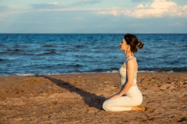 Dışarıda yoga yapan genç güzel bir kadın gün batımında kahraman pozunda gölün kıyısında oturuyor. Uyum, kişisel bakım, rahatlama egzersizleri, sağlıklı yaşam tarzı ve meditasyon konsepti, zen akıl sağlığı