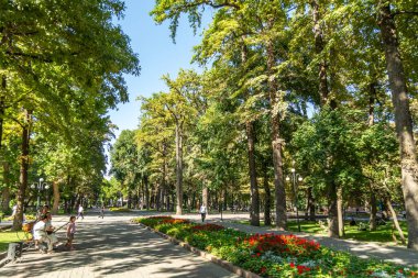 Bişkek, Kırgızistan - 31 Ağustos 2024: Ağaçlı, çiçekli ve yürüyüş yollu Oak Park manzarası