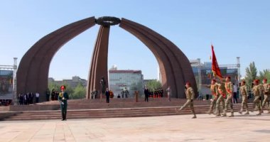 Bishkek, Kyrgyzstan - May 9, 2022: Kyrgyzstan army forces marching during military parade on Victory Day on square