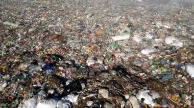 Çöp sahasındaki yanan çöp yığınlarının üzerinde uçan kargaların ve kirlenmiş zehirli göletin yavaş çekim görüntüsü.