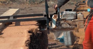 Tahta yapmak için ağaç gövdesini elektrikli testere ile kesen oduncu.