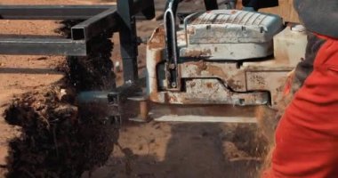 Tahta yapmak için ağaç gövdesini elektrikli testere ile kesen oduncu.