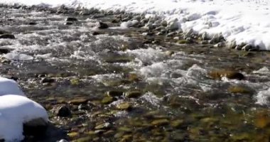 Kış parkında akan dağ nehrinin yakınında.