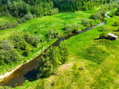 Hava perspektifi, yemyeşil çayırlarda süzülen sakin bir nehri, dağınık ağaçlarla ve uzak kırsal yapılarla yakalar.