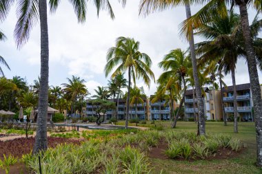 Le Morne, Mauritius - 12 Mayıs 2024: Mauritius 'ta parçalı bulutlu bir gökyüzünün altında palmiye ağaçları ve manikürlü manzaralı bir sahil beldesi