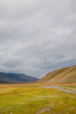 Uçsuz bucaksız yeşil ve altın bir vadi boyunca uzanan toprak bir yol sağında büyük, eğimli bir tepe ve bulutlu bir gökyüzünün altında dağlar var.