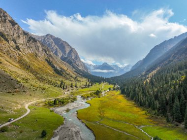 Barskoon Vadisi 'nin güzel bir manzarası, yemyeşil çayırlar boyunca uzanan bir nehir, parçalı bulutlu mavi gökyüzünün altında orman dağları tarafından kuşatılmış.