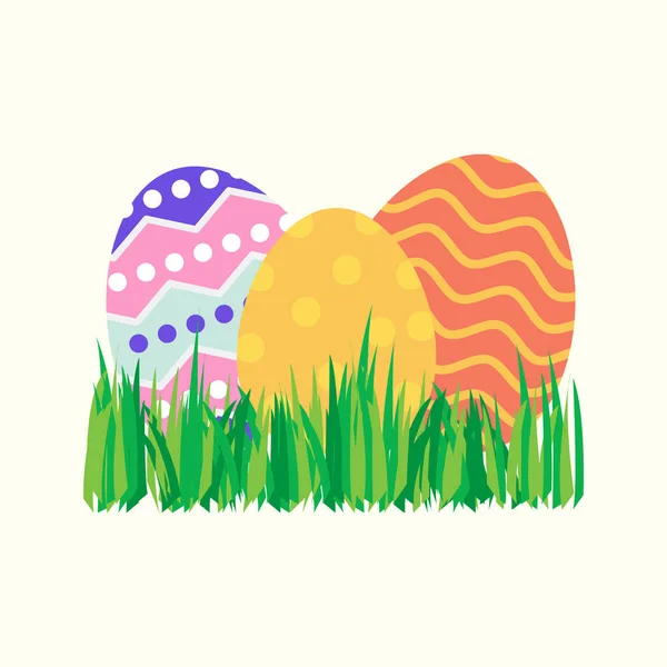 Красочные Декоративные Пасхальные Яйца Натуральной Зеленой Травой — стоковый вектор