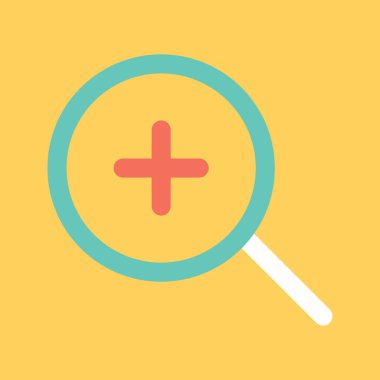 Sarı arka plan, mavi artı işareti ve büyüteç.