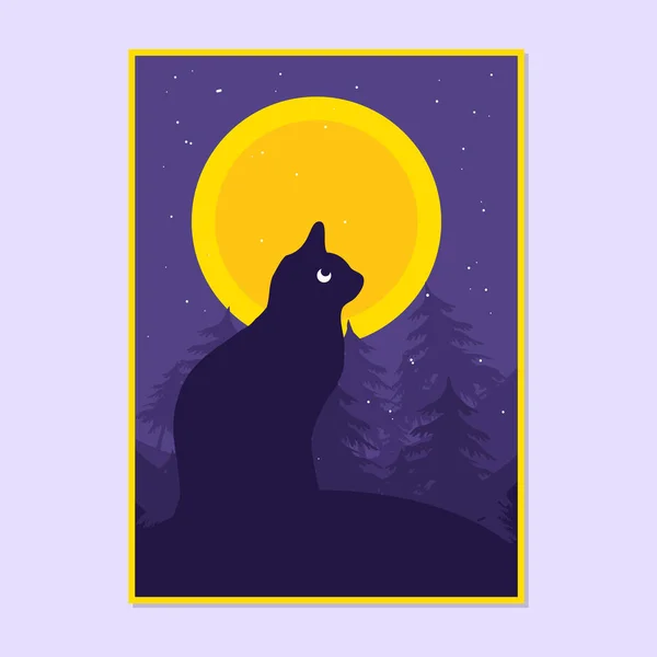 Великий Кіт Сидить Жах Місяць Ніч Векторні Ілюстрації — стоковий вектор