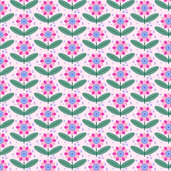 カラフルなピンクと緑の花の背景パターン — ストックベクタ