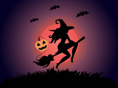 Cadılar Bayramı cadısı korku arka planında uçuyor