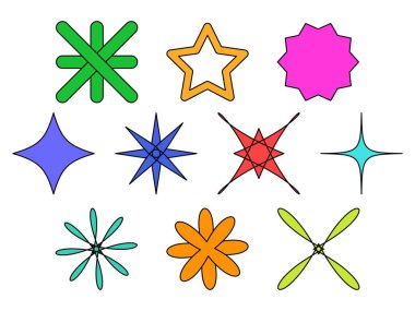 Çok renkli yıldız şekilli vektör illüstrasyonlu siyah vuruş kümesi