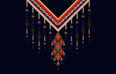 Yakalı gömlekler, tişörtler, tişörtler için vektör tasarımı. Kumaş ve tekstil için işlemeli etnik geometrik elementler. Aztek geometrik boyun çizgisi tasarımı Grafik tasarımcısı.