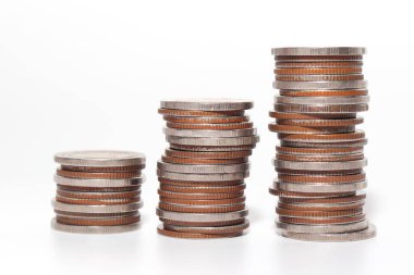Coin on white background, stacked coins, isolated, sort by level, Thai bath, Stacks of coins arranged in ascending order on a white background, symbolizing financial growth, saving, investment