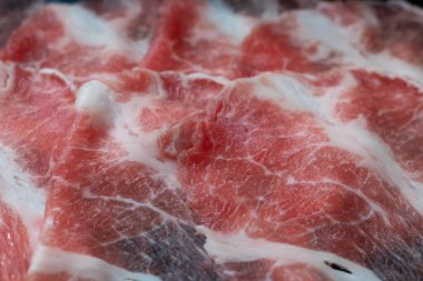 Premium thinly sliced raw meat (pork, beef), beautifully arranged. Perfect for shabu-shabu, sukiyaki, hotpot, or other Asian hot pot dishes. Highlights freshness, quality, and delicious Asian cuisine