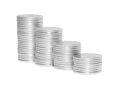Stacks of silver coins arranged in ascending order on transparent background, representing financial growth, investment, saving, wealth accumulation. Ideal for concepts business, banking, economy