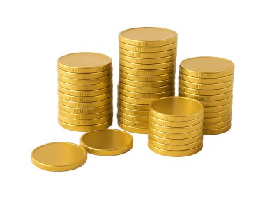 golden coins isolated on white background, Coin on white background, stacked coins, isolated, sort by level, Thai bath, Stacks of coins arranged in ascending order on a white background, symbolizing financial growth, saving, investment