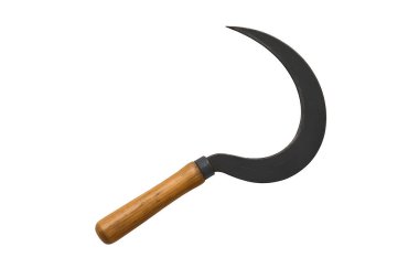 Traditional rice sickle isolated on white background. Metal blade with wooden handle, used in harvesting crops. Perfect for agricultural designs, educational content, and rural lifestyle