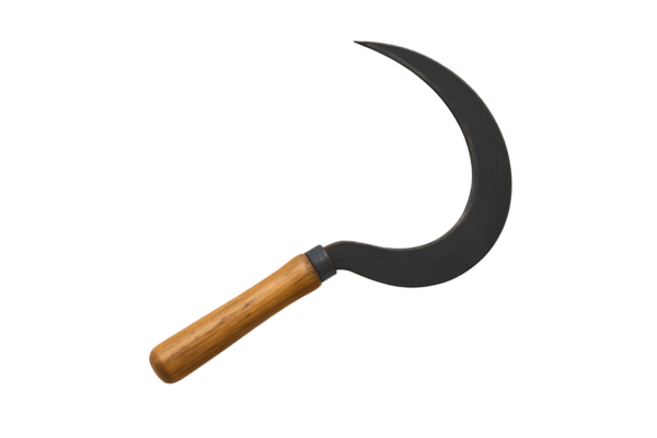 Traditional rice sickle isolated on transparent background. Metal blade with wooden handle, used harvesting crops. Perfect for agricultural designs, educational content, rural lifestyle, clipping path