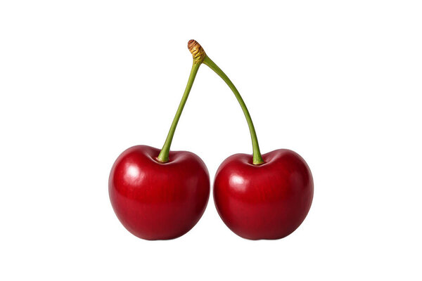 Two fresh red cherries with green stems isolated on white background. Juicy and ripe summer fruits perfect for food advertisements, packaging, healthy lifestyle concepts, and culinary design projects