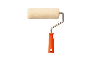 Paint roller with orange handle isolated on white background. Ideal for renovation, home improvement, and construction-related graphic design or advertisement