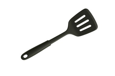 Black nylon spatula on a white background. Heat-resistant kitchen utensil ideal for non-stick cookware. Perfect for cooking-related designs, kitchenware product presentations, or culinary ladvertising